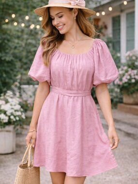 Endless Rose Pink Puff Sleeve Mini Dress Tie Waist Cottagecore Romantic NWT S
